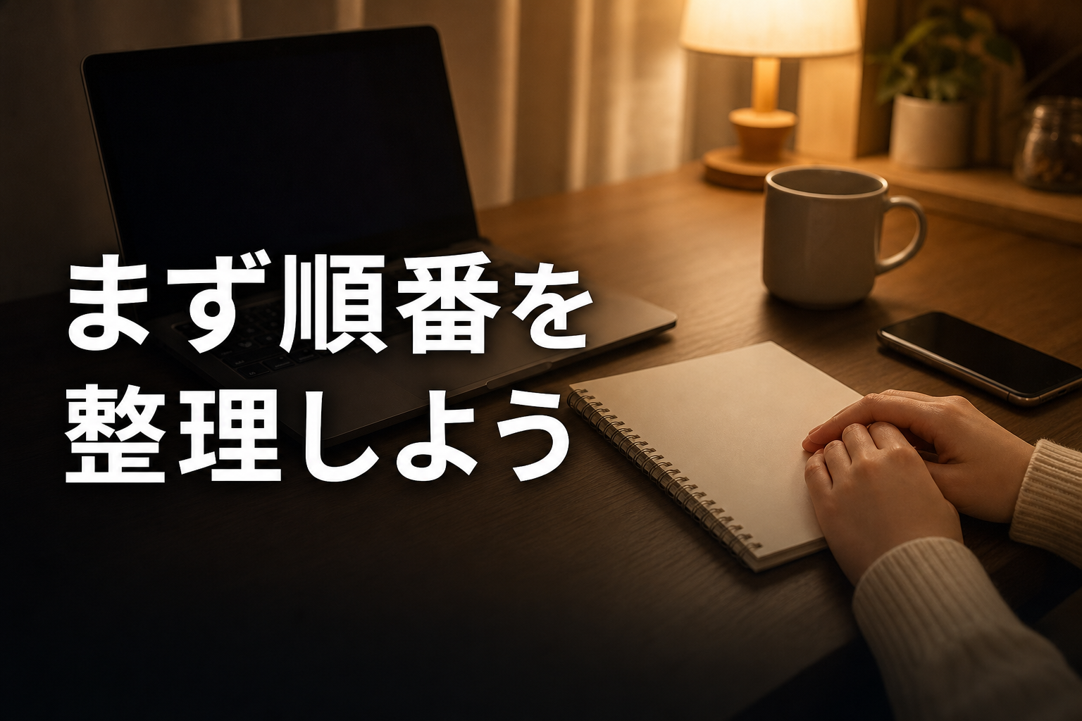 夜の自室でノートパソコンに向かい、始め方を調べている手元