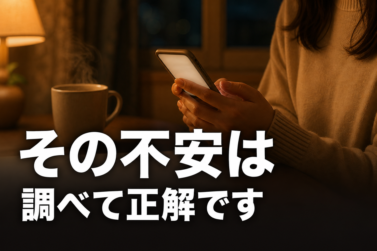 夜の室内でスマートフォンを見つめたまま手が止まっている女性の手元