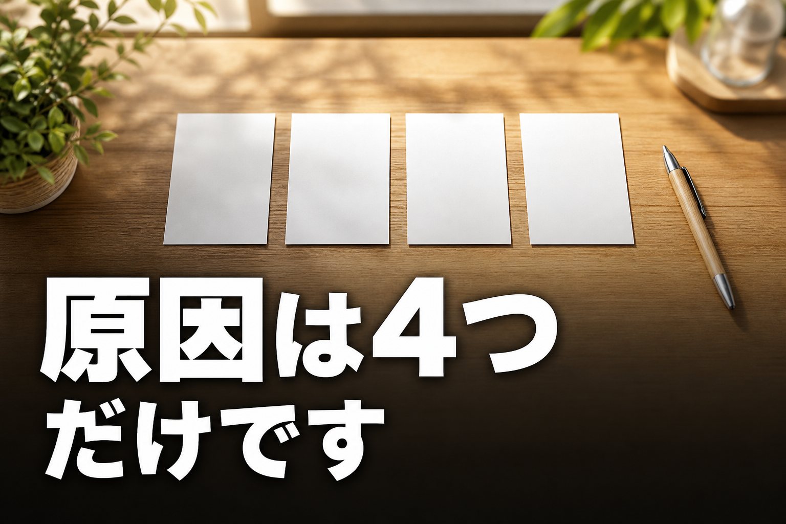 明るい木製デスクの上に白いカードが4枚並べられている俯瞰の様子
