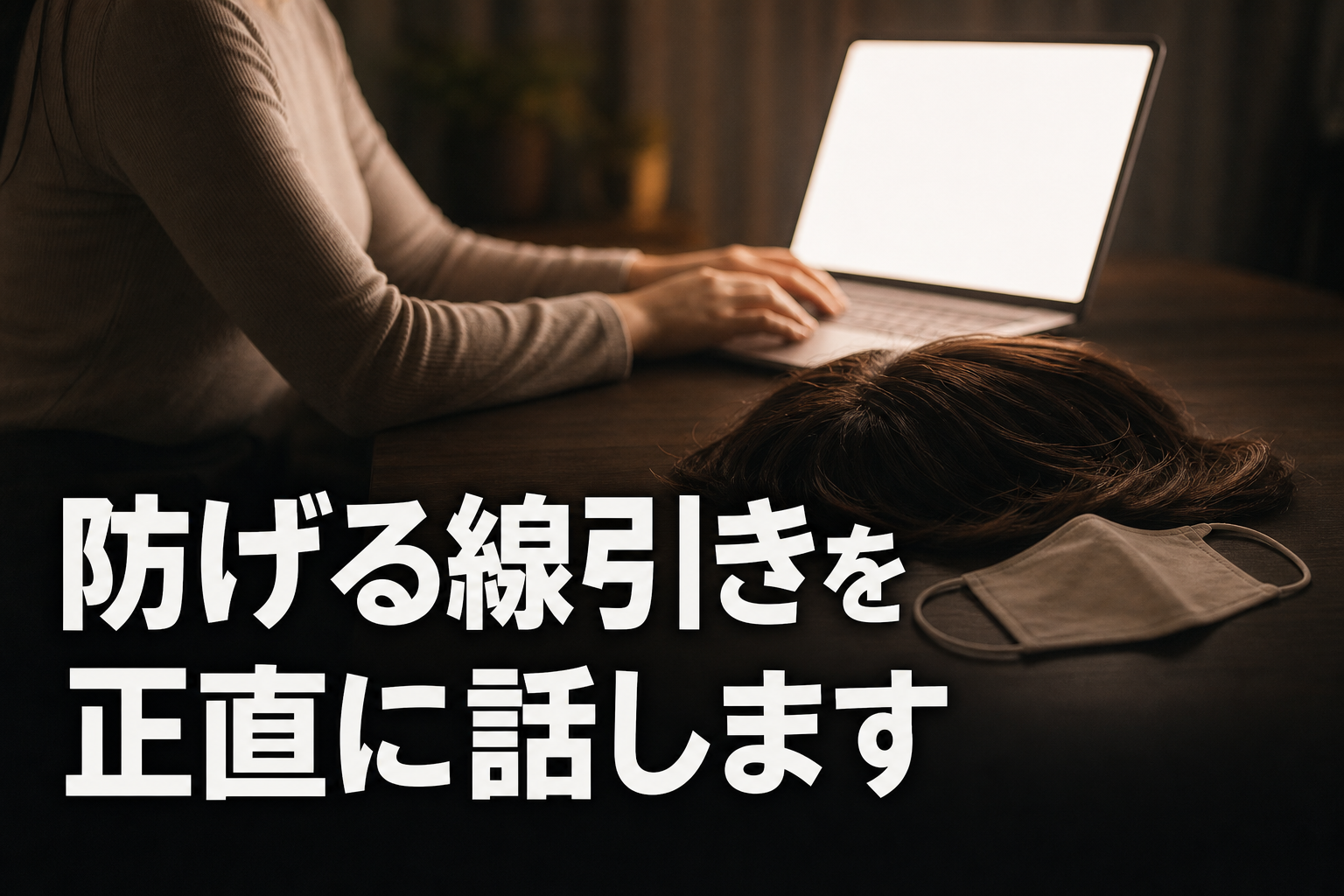 薄暗い部屋でノートパソコンの光に照らされた手元とウィッグ・マスク
