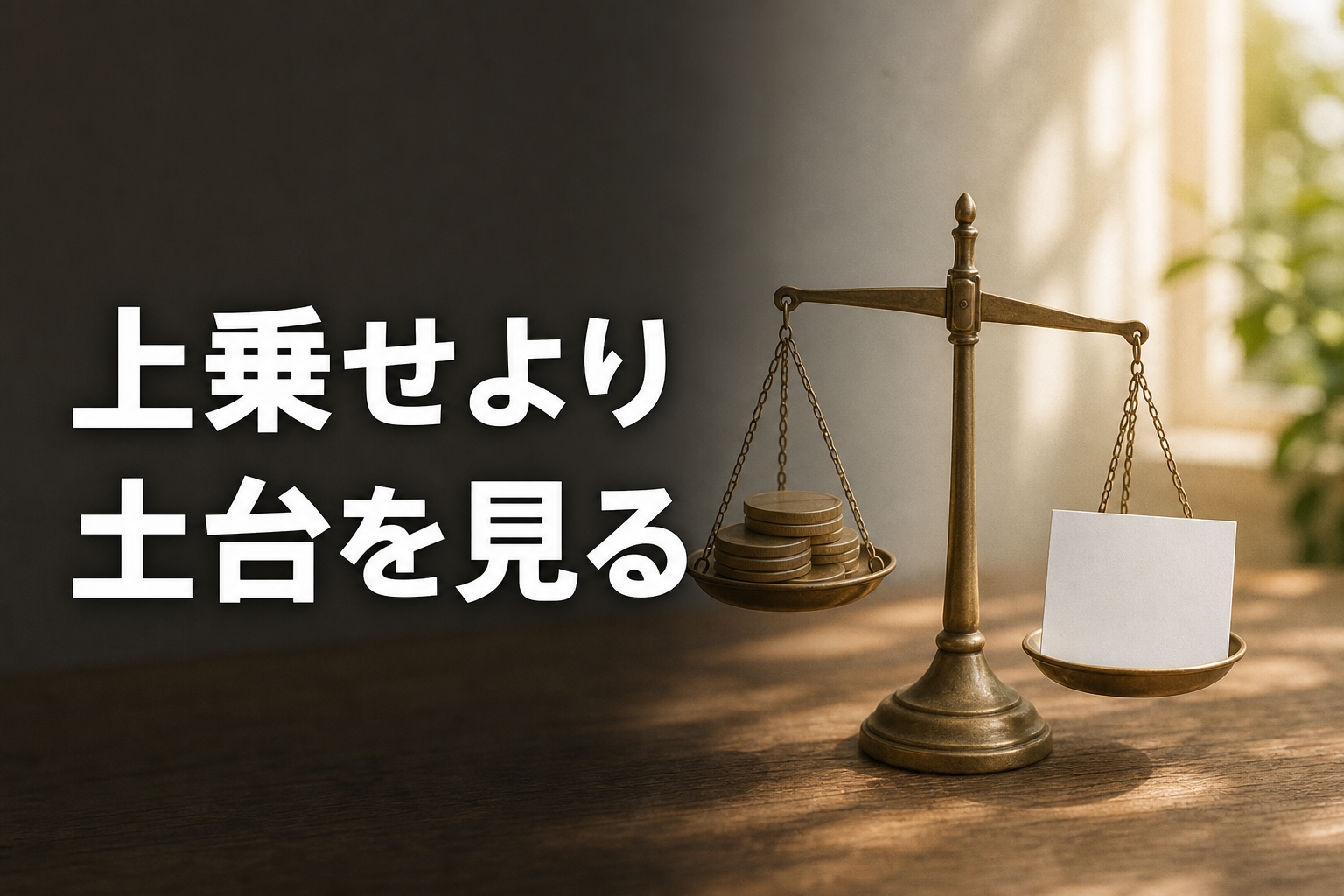 テーブルの上で2つのものを見比べている様子