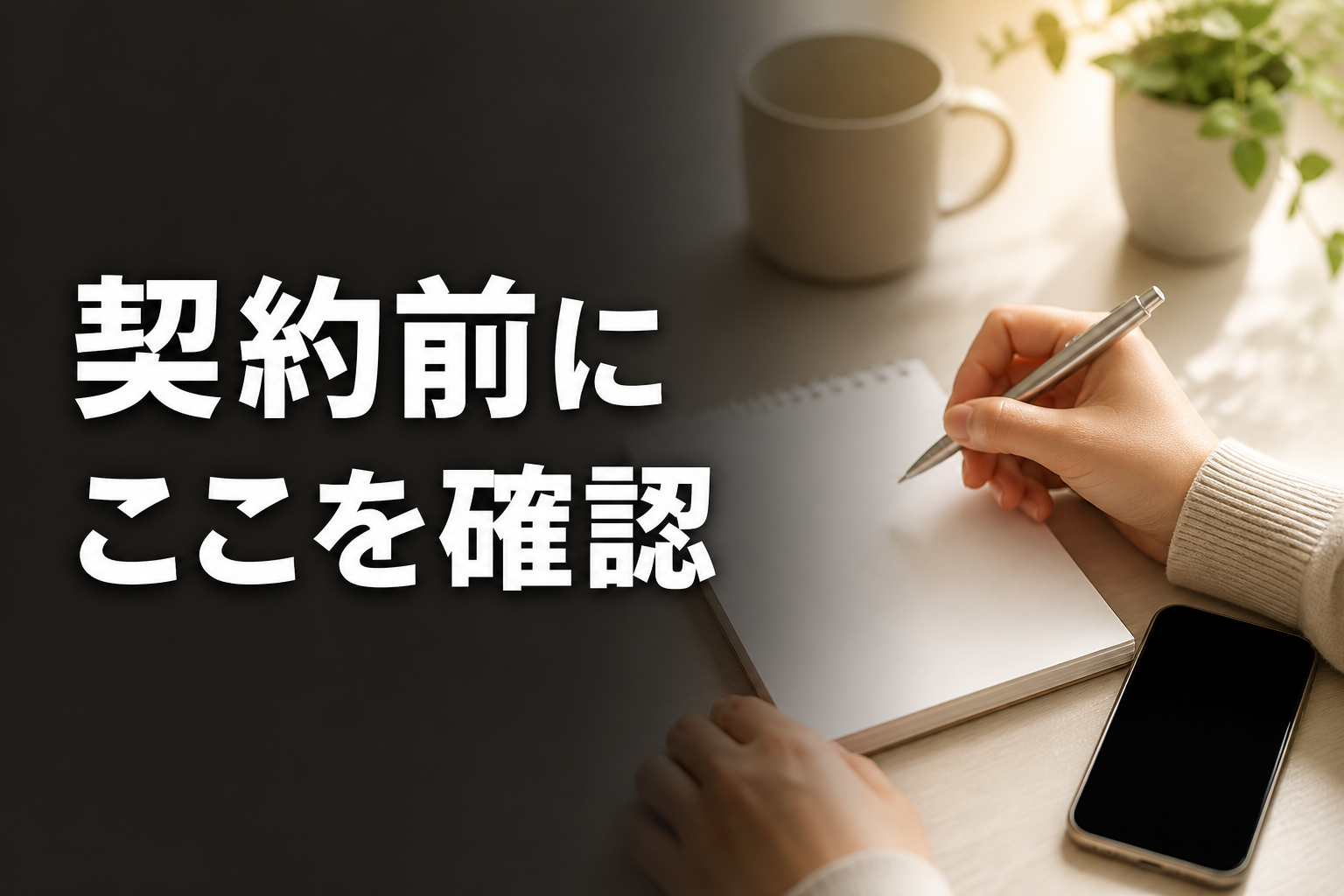 スマートフォンとメモ帳を前に確認事項を整理している手元