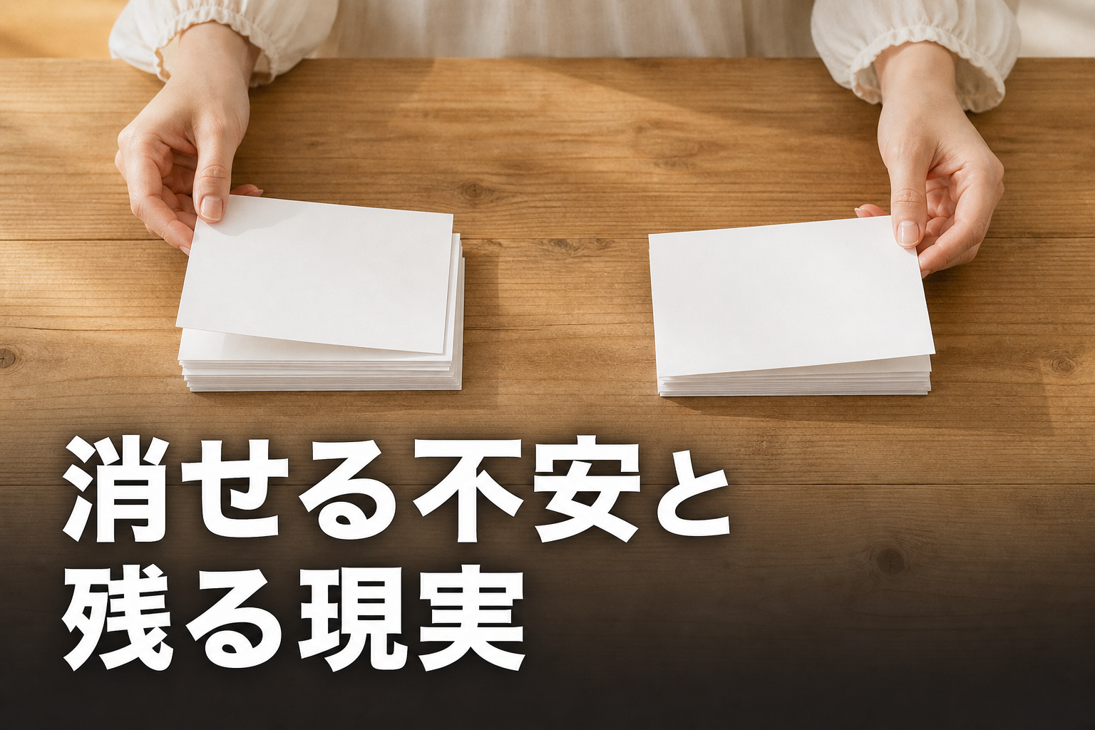 テーブルの上で紙を2つの束に分けている手元