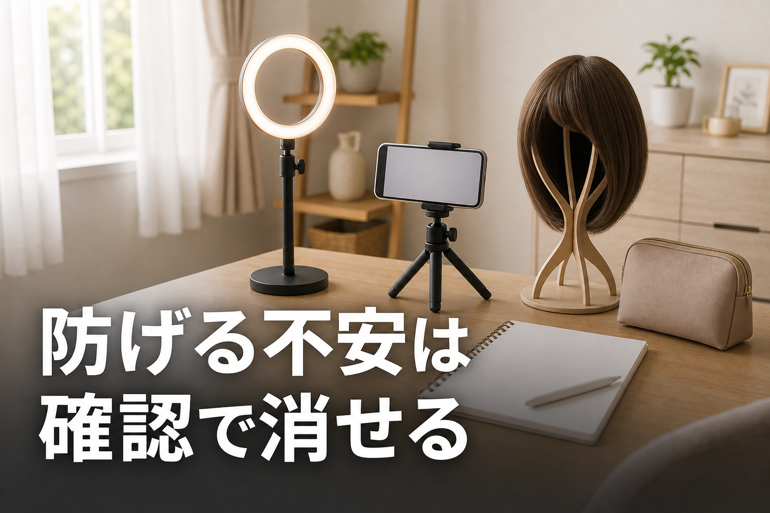 明るい個室に置かれたリングライトとスマホスタンド
