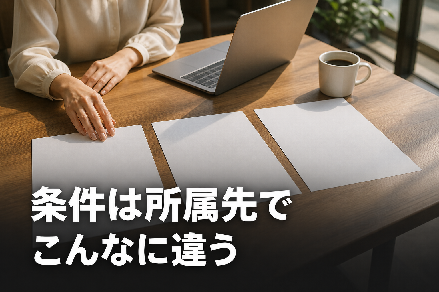 カフェのテーブルでノートを並べて条件を見比べている手元