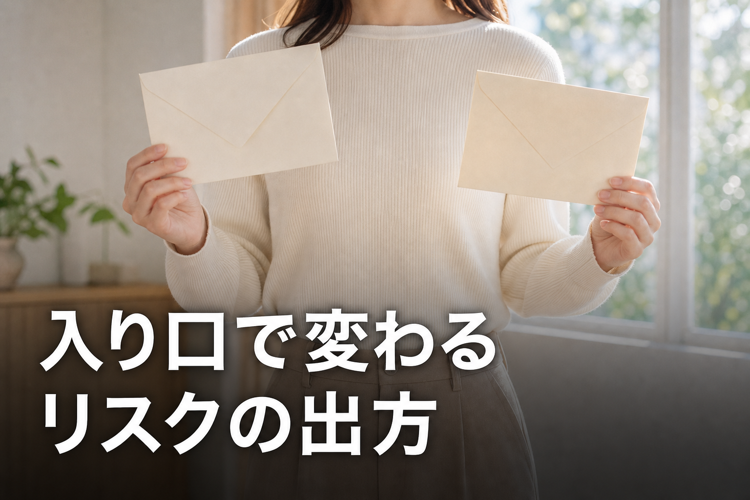 窓辺で2つの封筒を持って見比べている様子