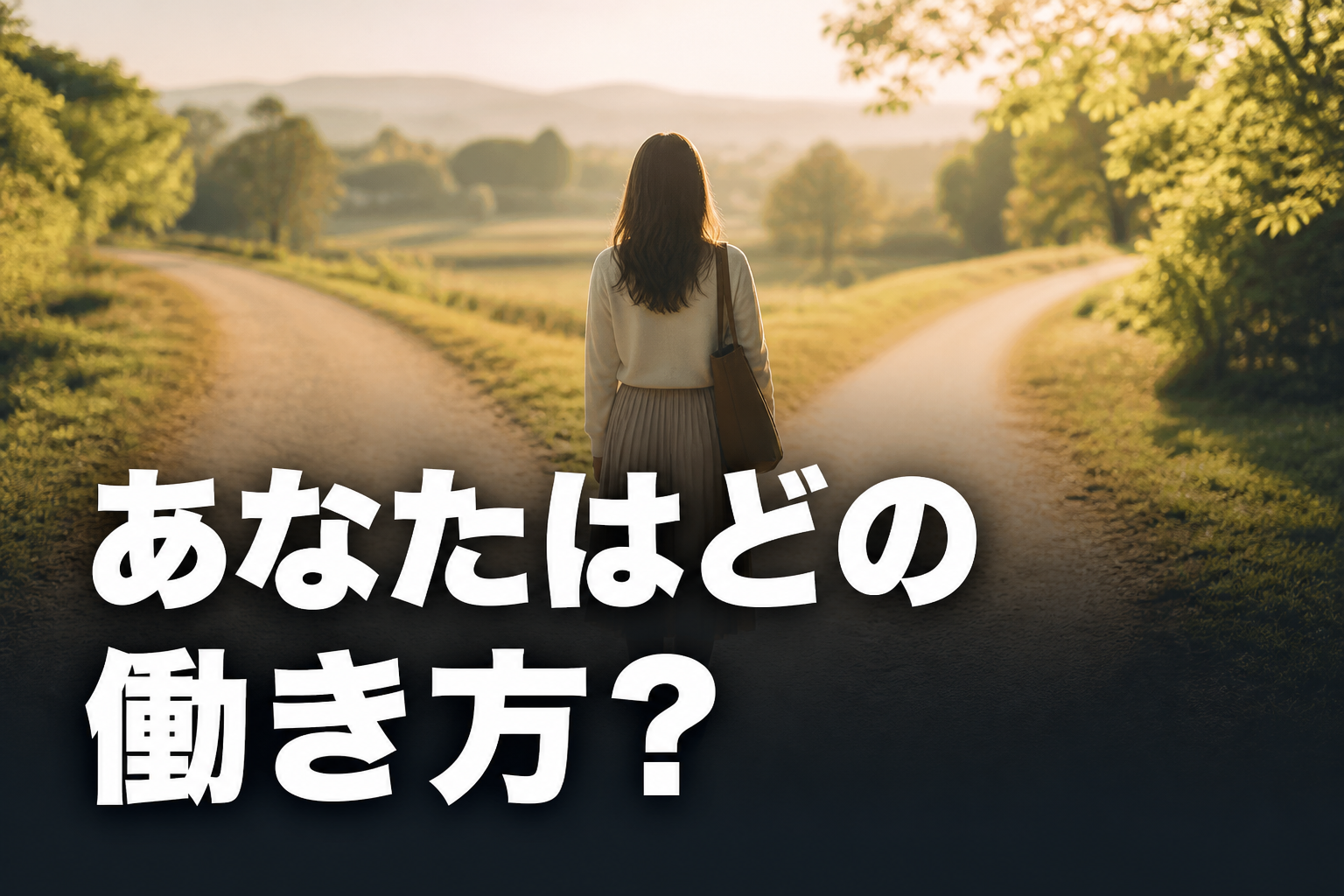 分かれ道の前に立つ人の後ろ姿