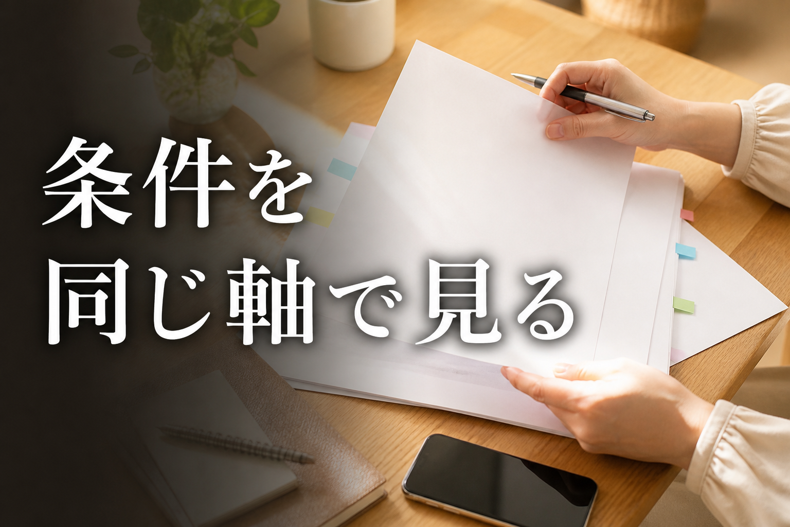 事務所の勤務条件を比較する女性の手元