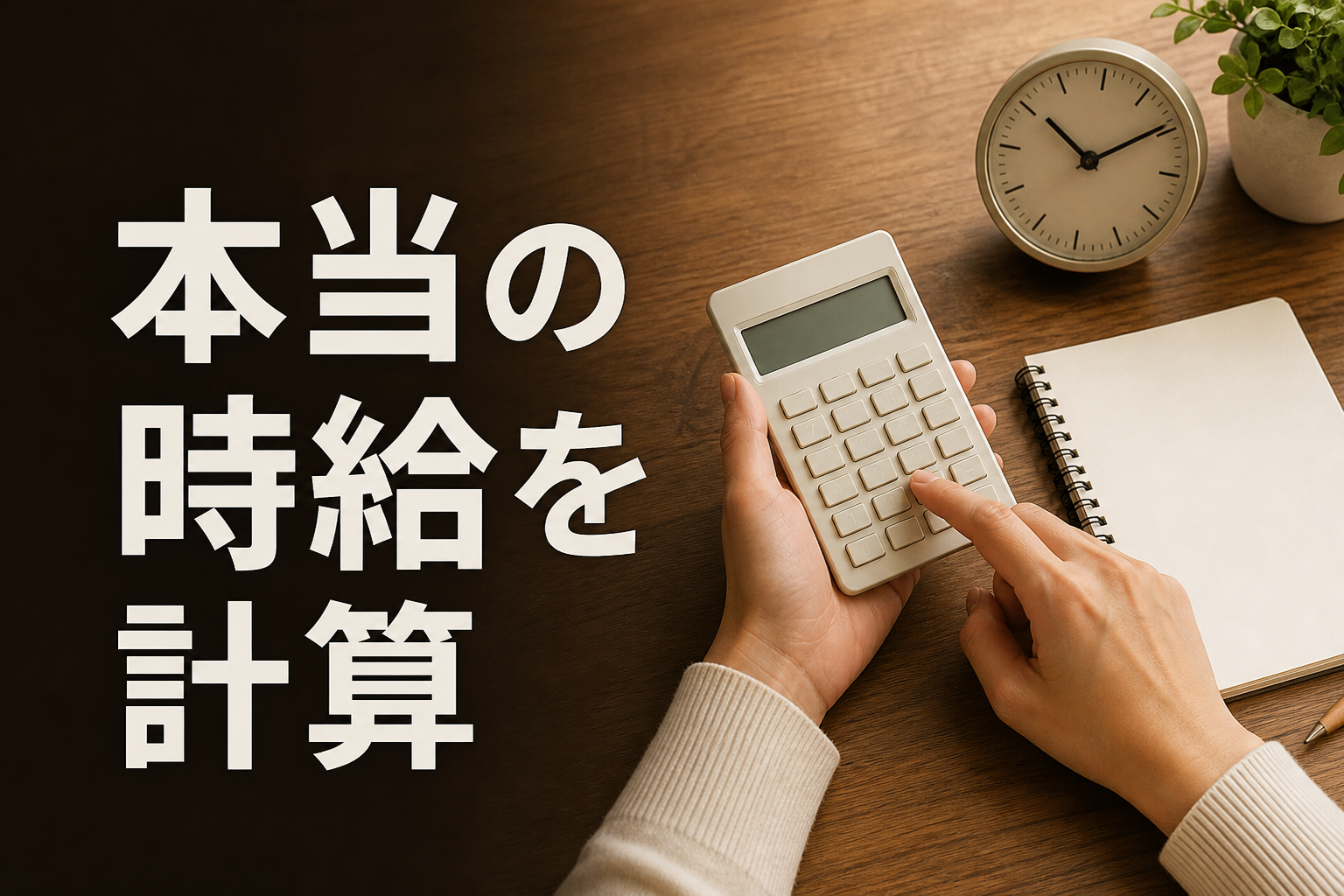 実質時給を計算する女性の手元