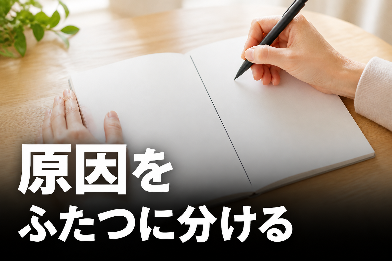 ノートに二列の線を引いて整理している手元