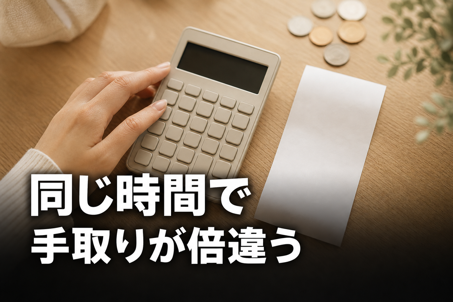 机の上の電卓と白紙の明細と硬貨