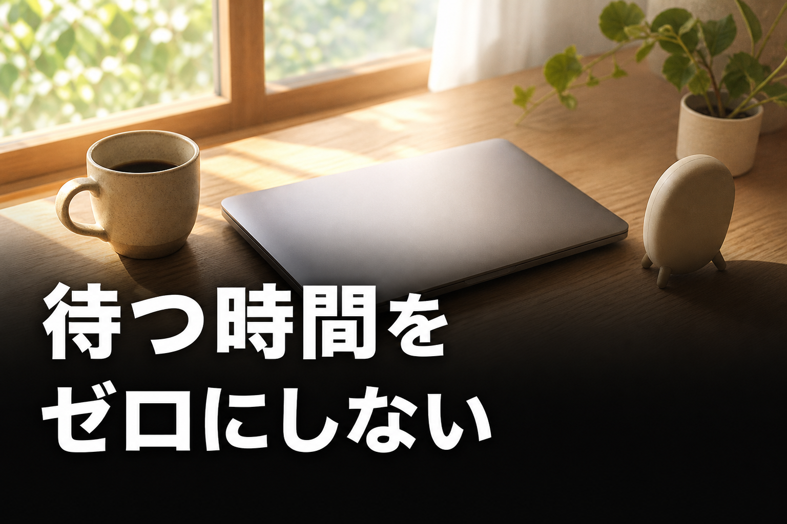 窓辺の机に置かれた時計とマグカップ