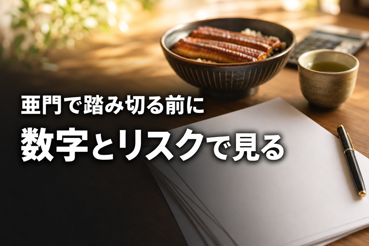 うな重と契約書類が並ぶ落ち着いた木目テーブル、判断に向き合う時間のアイキャッチ