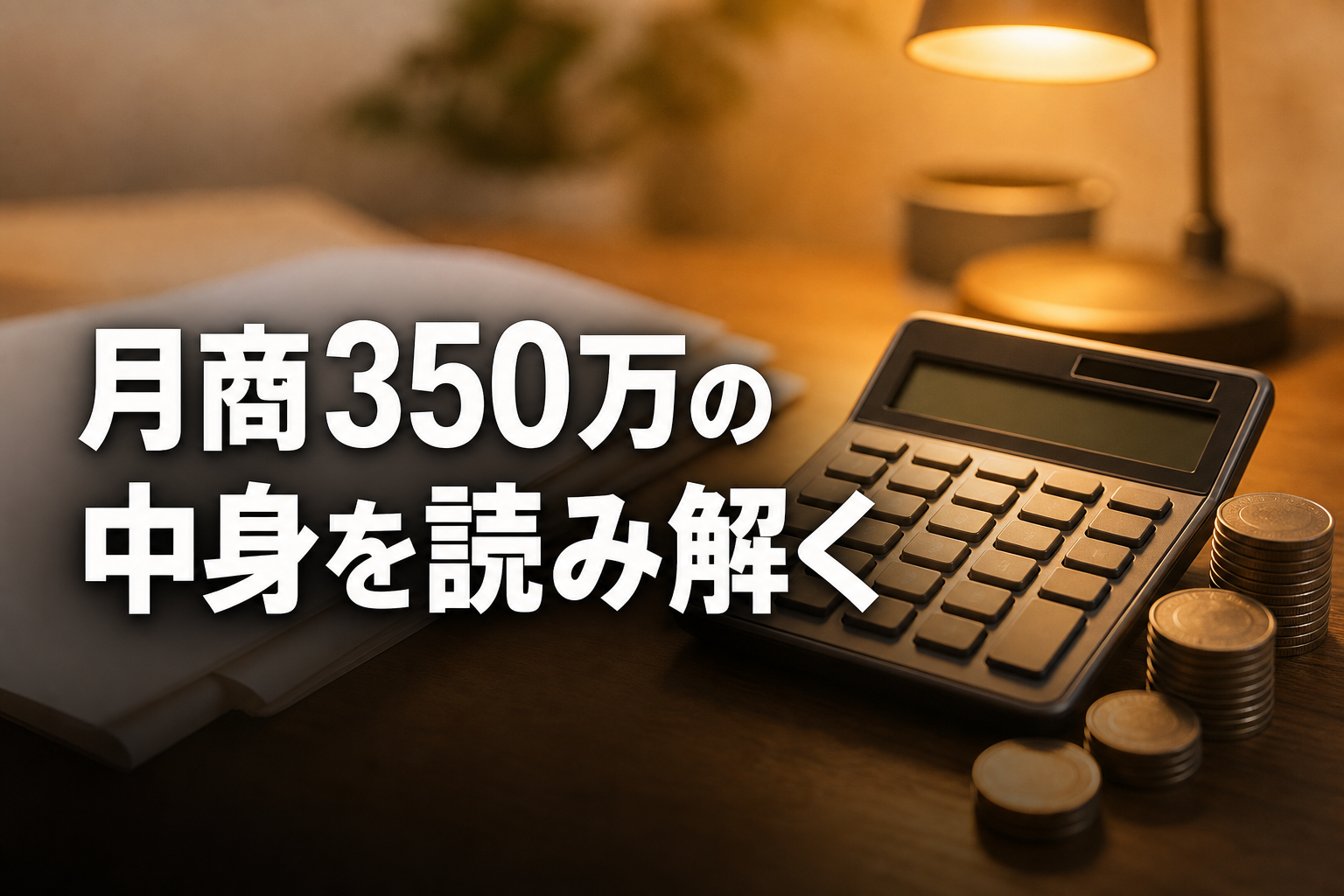 電卓と硬貨と白紙の収益試算表が並ぶデスク、数字に向き合うアイキャッチ