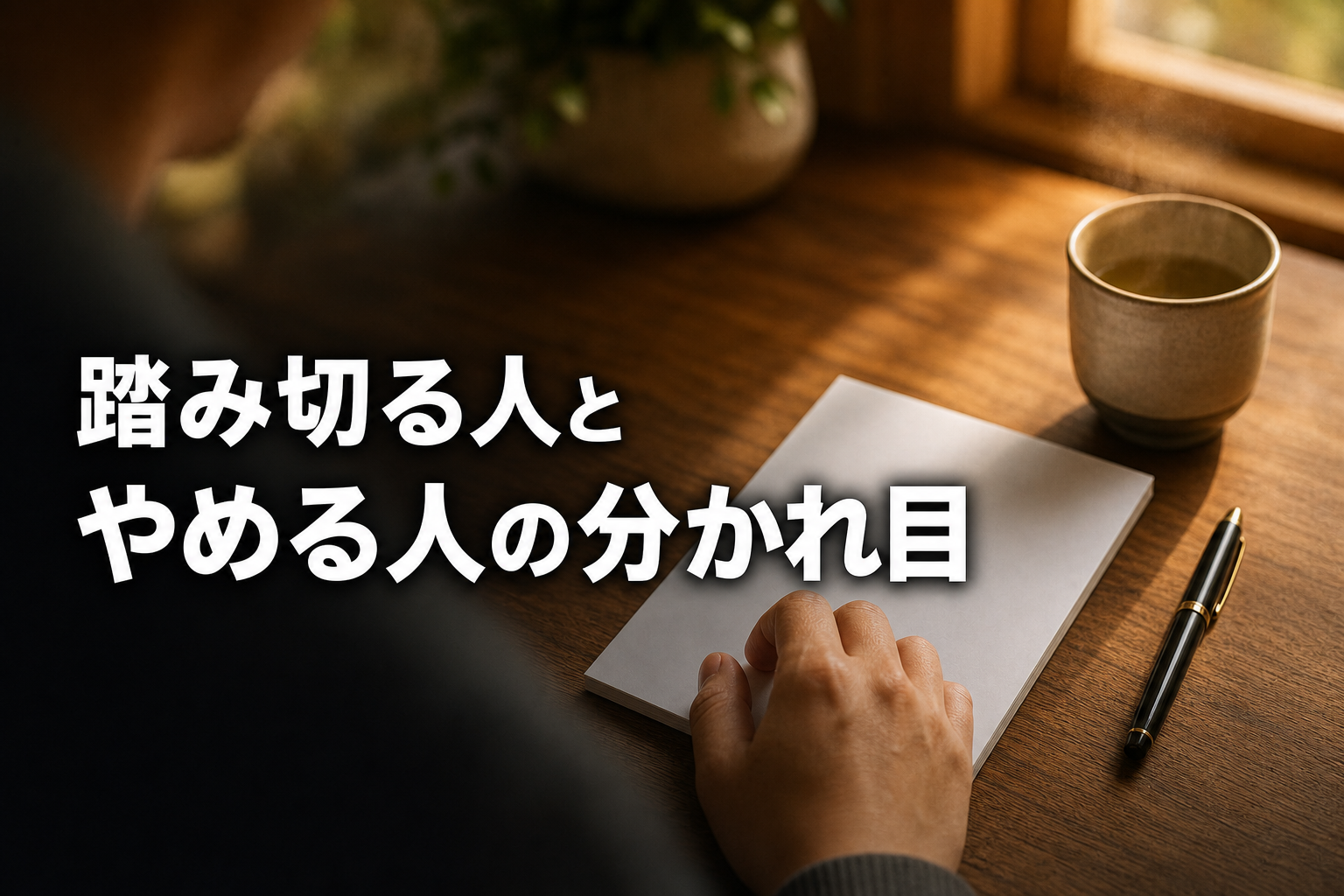 白紙のメモとペン、お茶のカップが置かれた書斎の手元、慎重に判断する場面