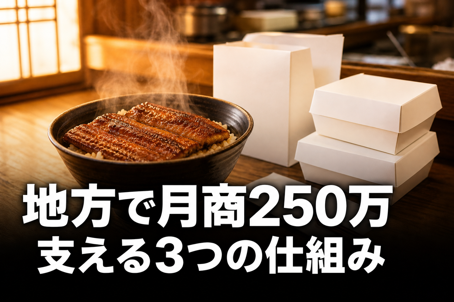 関東風蒸し焼きうな重とテイクアウト容器が並ぶ店舗カウンターの俯瞰
