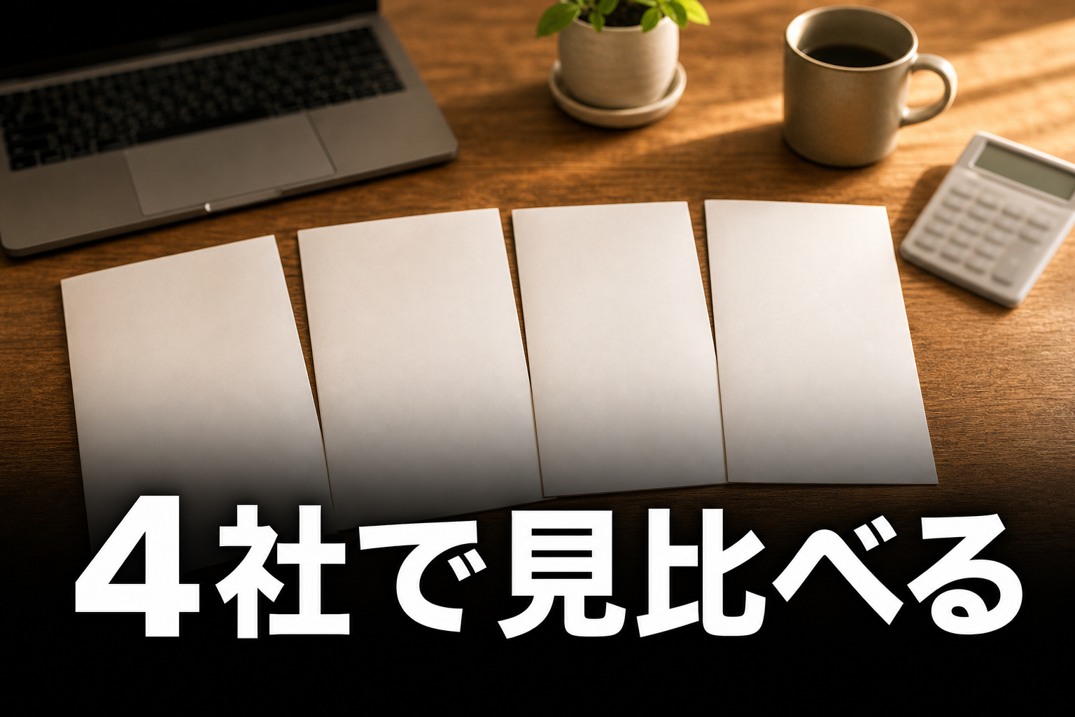 4社のFCパンフレットを広げて検討する机上の俯瞰